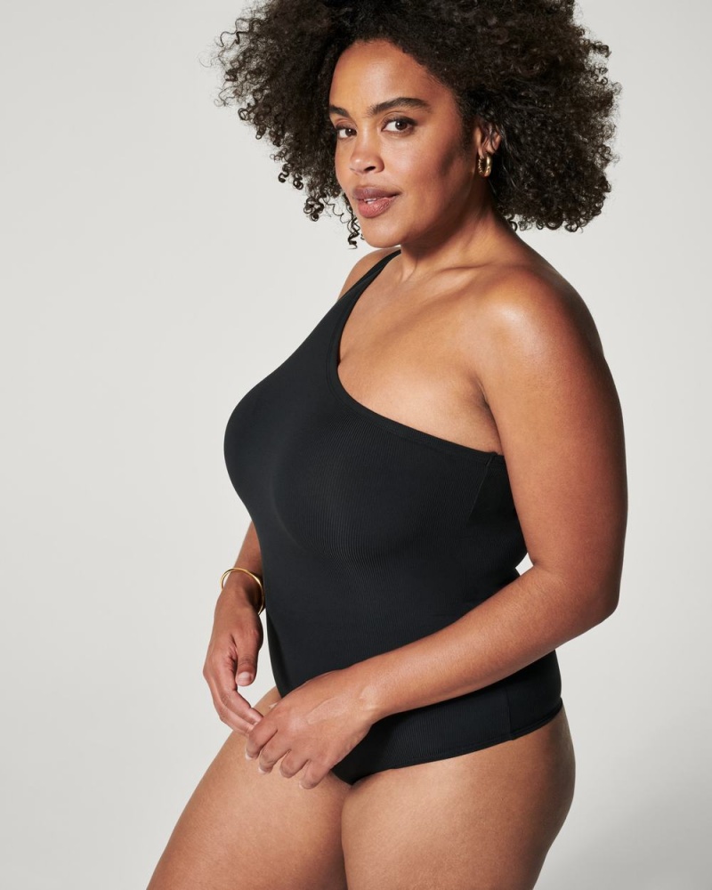 Spanx Suit Yourself Ribbed One Shoulder Bodysuits Black | 90714-ZSHW