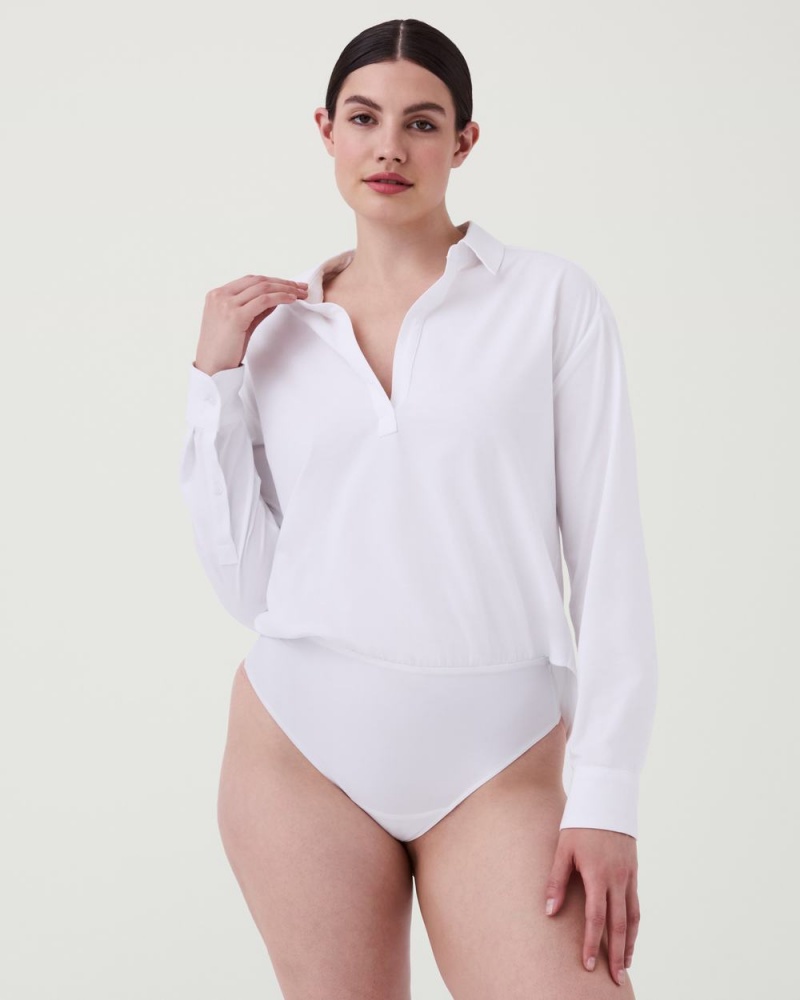 Spanx The Collared Long Sleeve Bodysuits White | 69312-HJXP